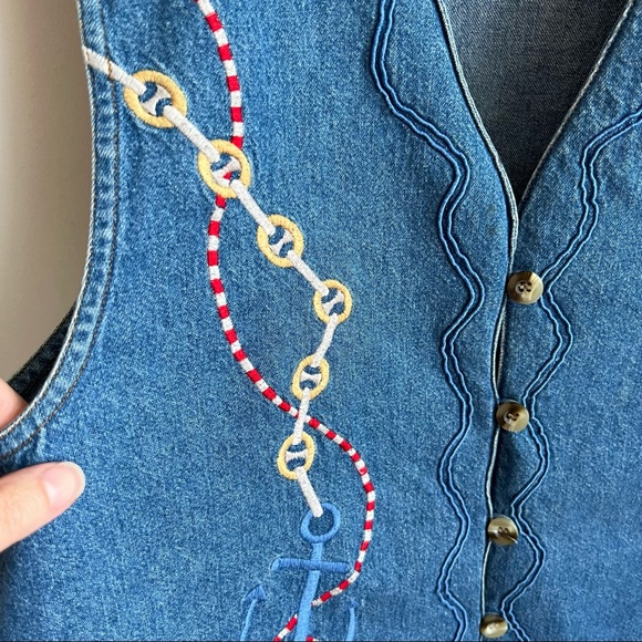 Vintage Lauren Jeffries Denim Nautical Print Vest 100% Cotton Size XL - Picture 6 of 10